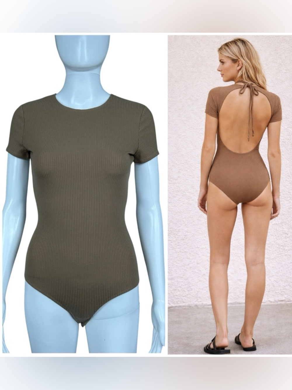 Reformation Ribbed Knit Open Back Tie Neck Short Sleeve Bodysuit Size XS Stretch